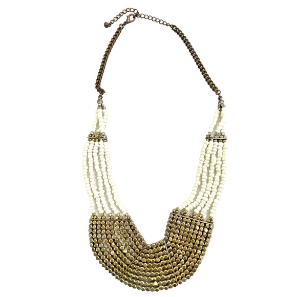 Beaded Multi Strand Bib Statement Necklace Boho White Faux Pearls Gold Metallic - Picture 5 of 7